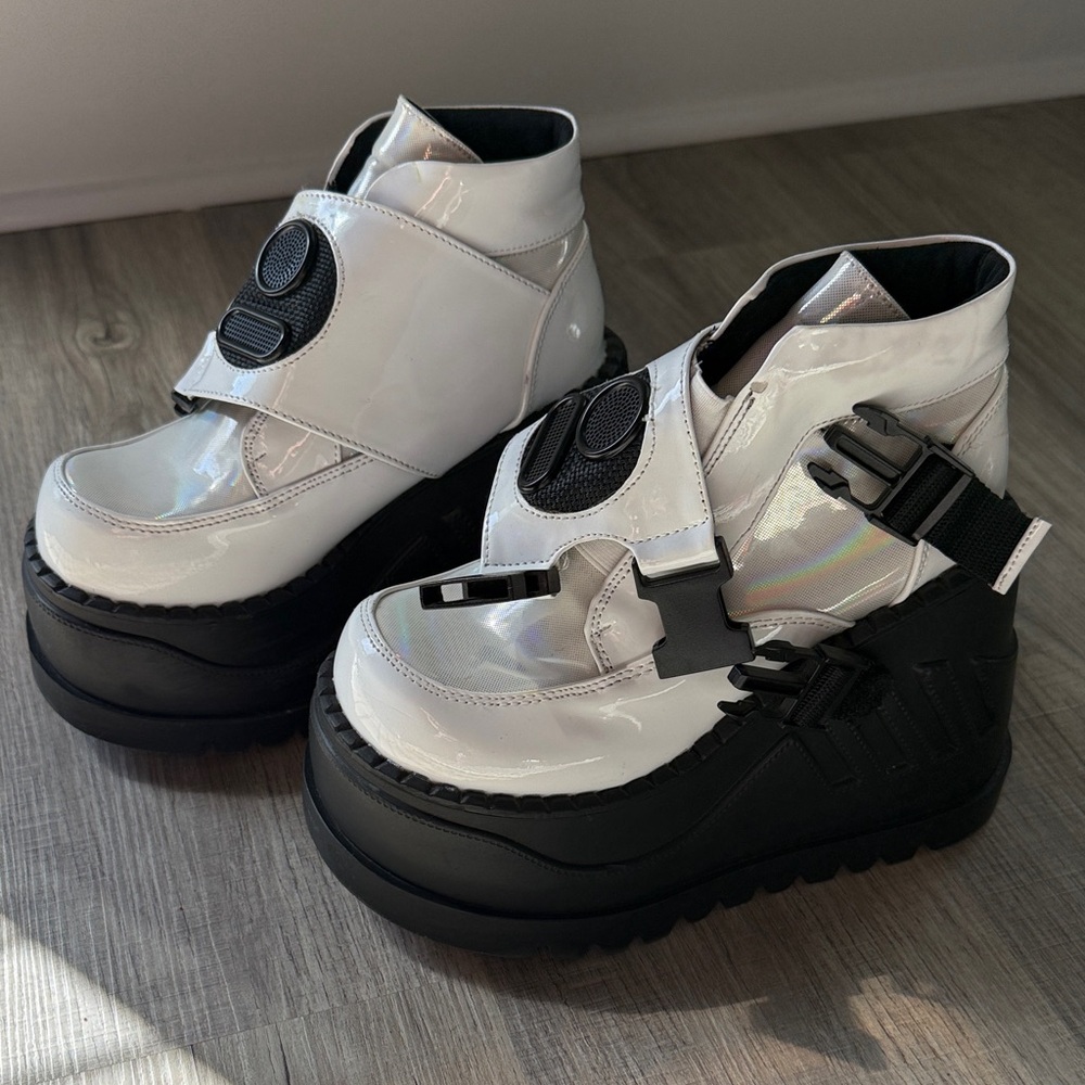 Demonia Stomp White and Black Platform Shoes